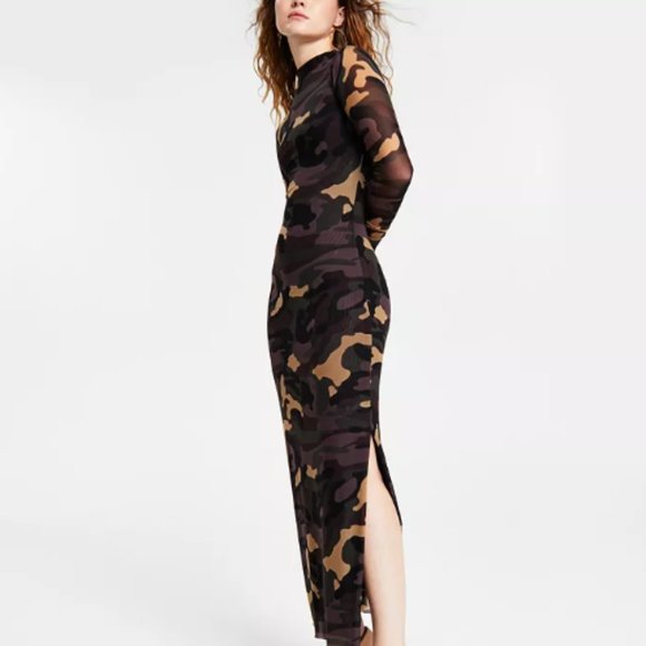 Bar III Dresses & Skirts - BAR III Women's Printed Mock-Neck Mesh Midi Dress in Camilla Camo A